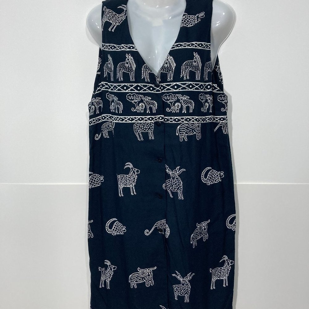 ADINI Vintage Sleeveless Mini Dress Button front Black Animal Abstract Rayon L